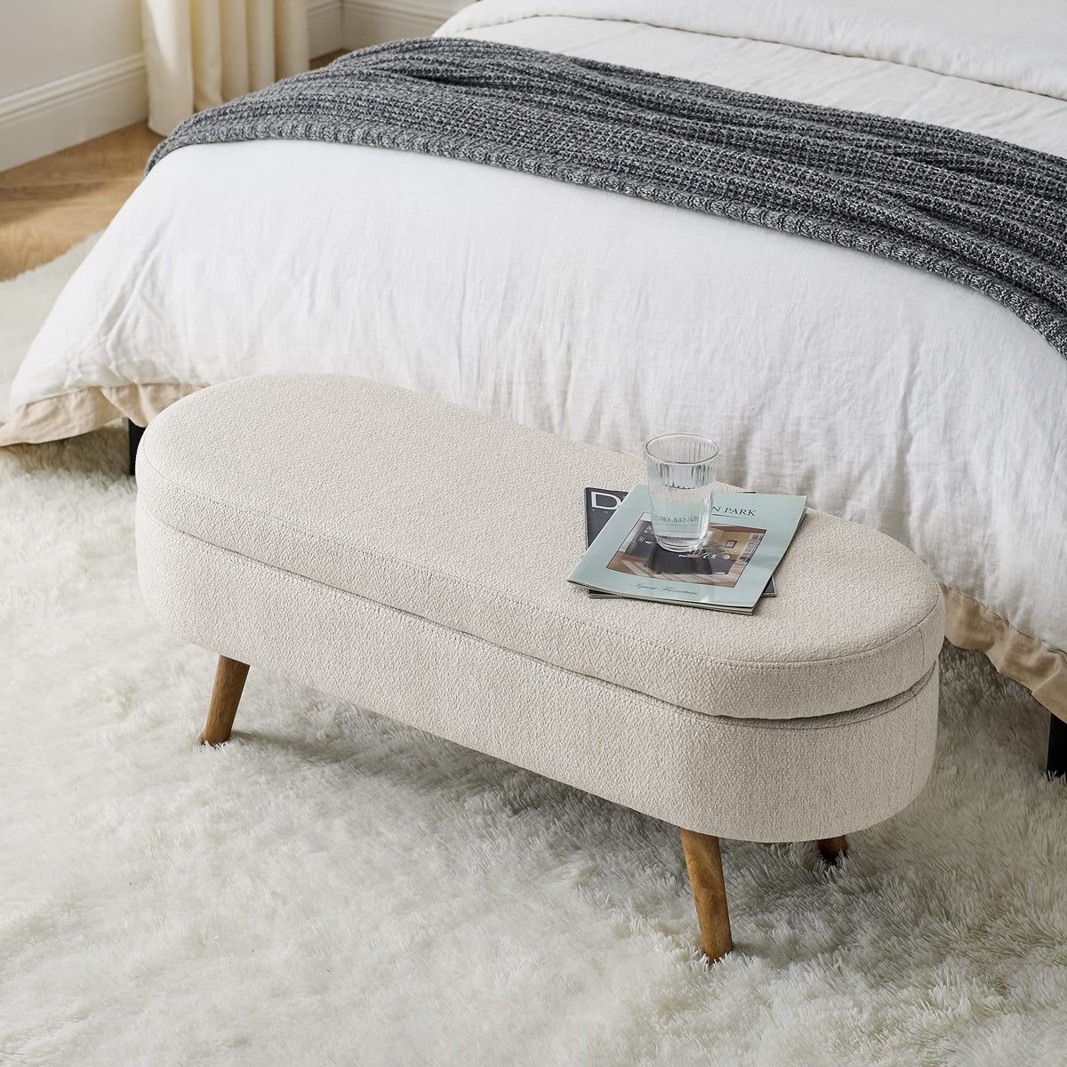 Beige Oval Storage Ottoman Bench with Rubber Wood Legs H443