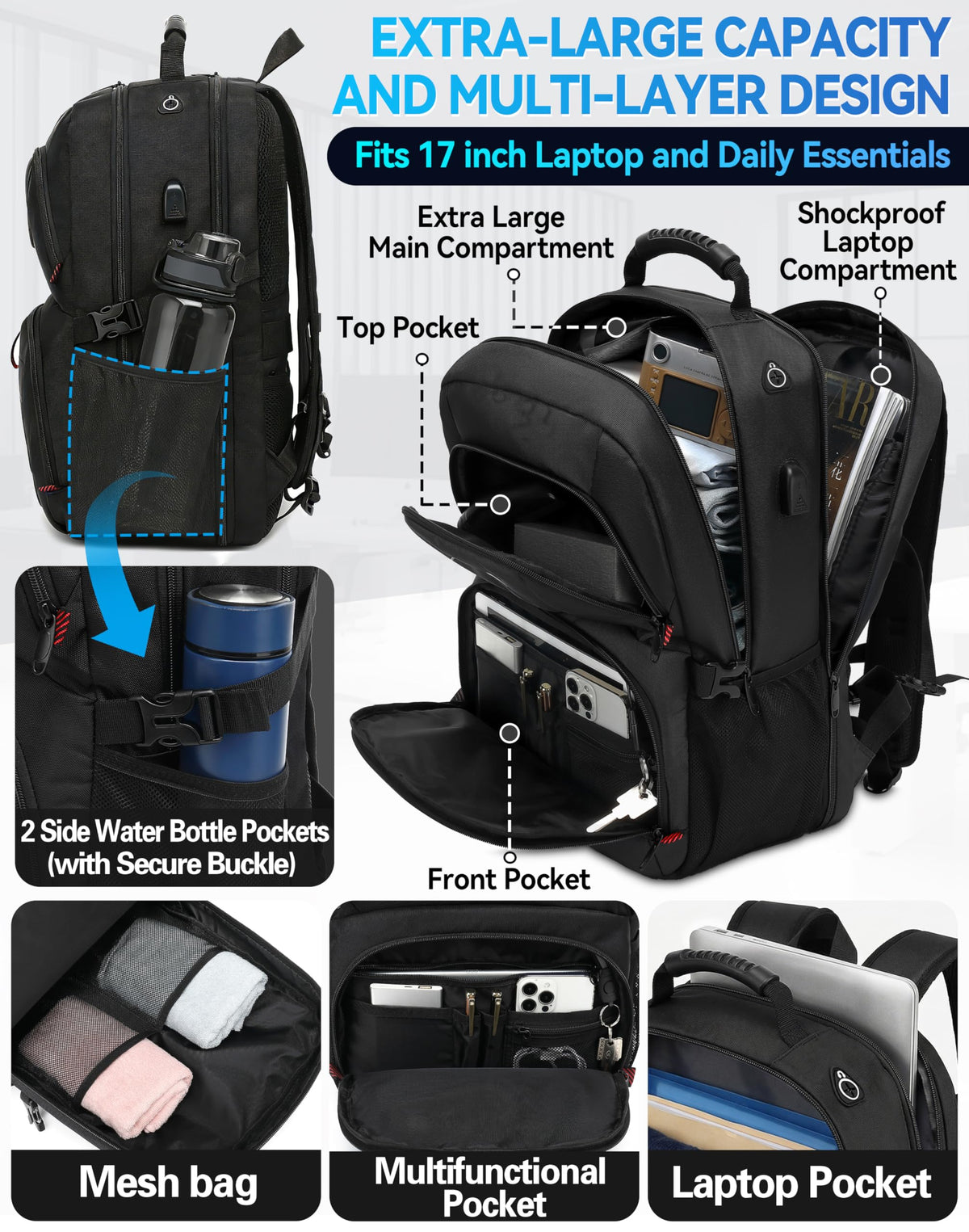 Extra Large Black Laptop Backpack with USB Charging Port G89511