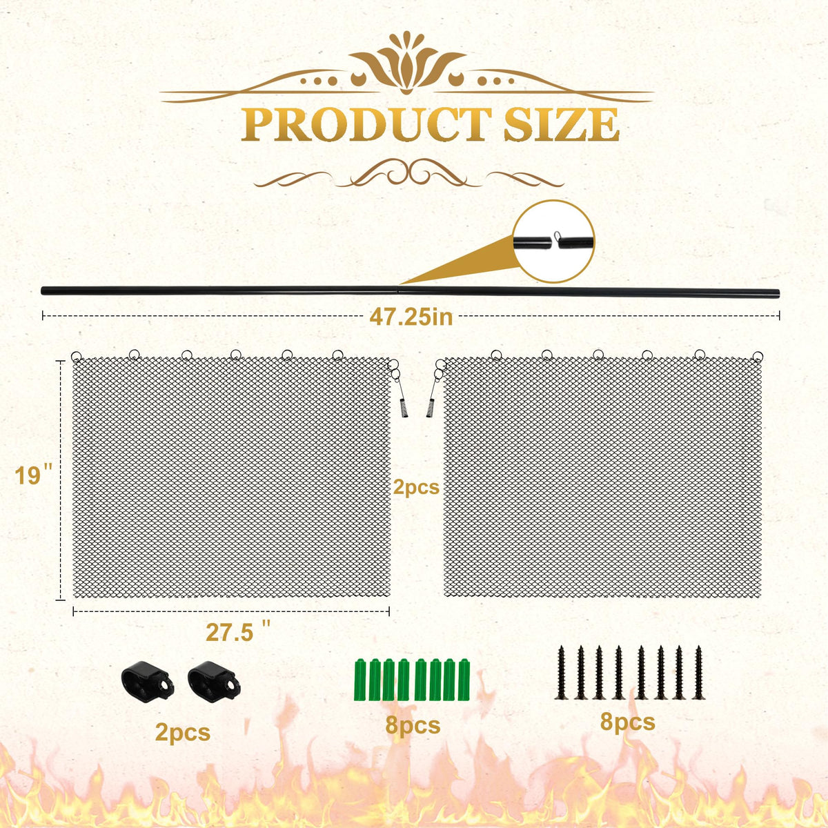 Fireplace Mesh Screen Curtain Kit with Adjustable Rod and Panels 19" H × 24" W Black Matte K573