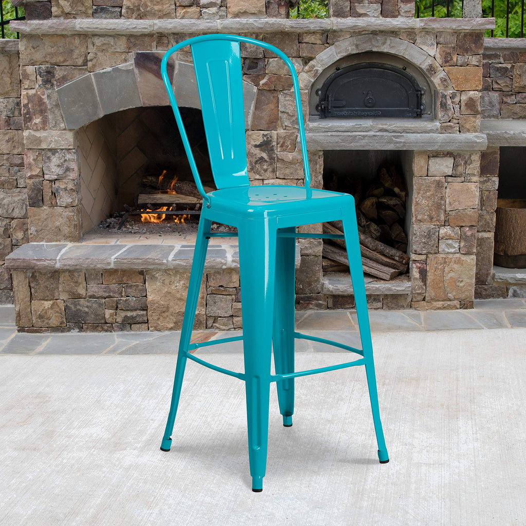 30" Teal-Blue Metal Barstool with Back, 4-Pack Y1880