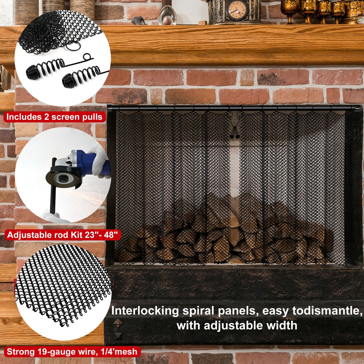 Fireplace Mesh Screen Curtain Kit with Adjustable Rod and Panels 19" H × 24" W Black Matte K573
