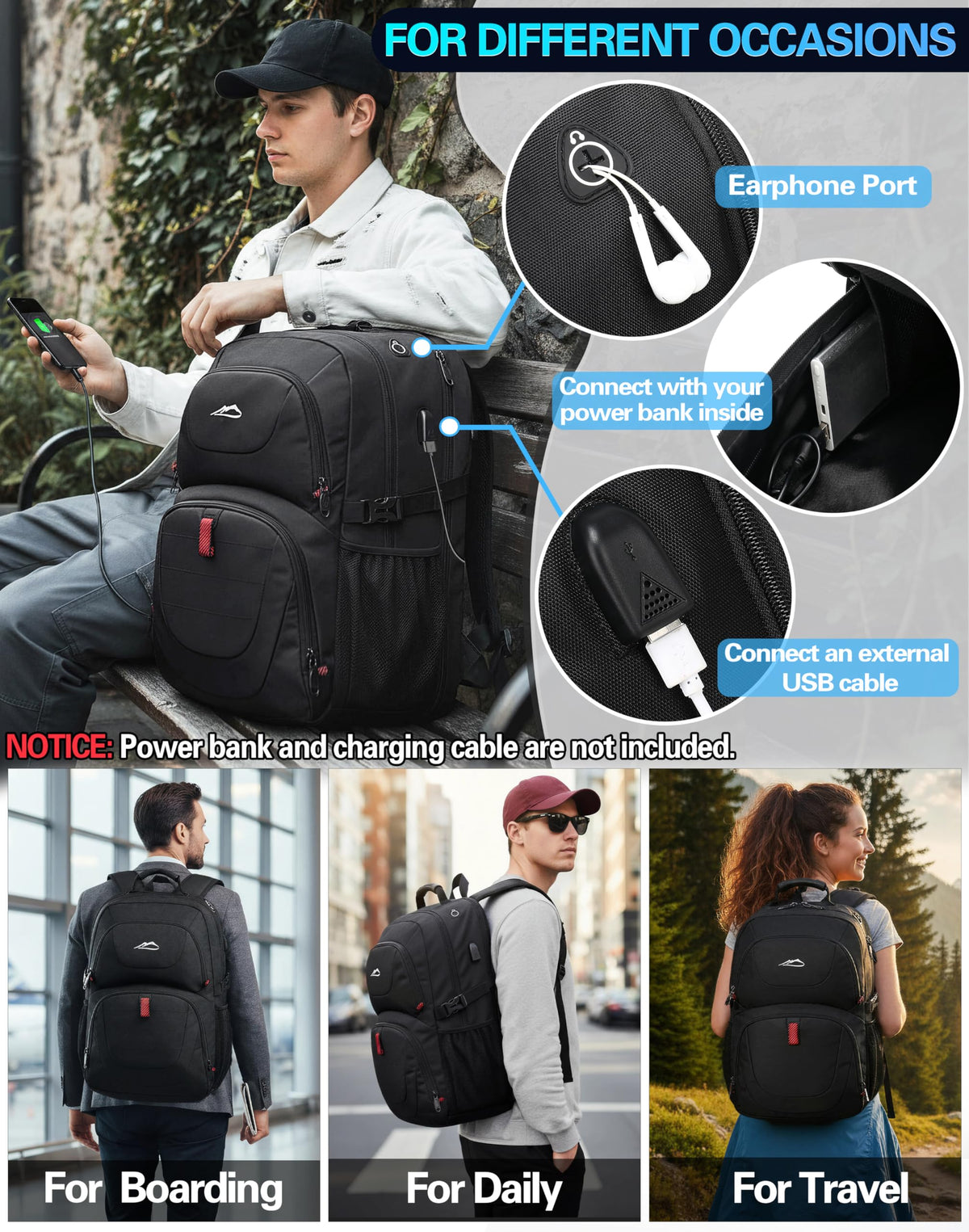 Extra Large Black Laptop Backpack with USB Charging Port G89511